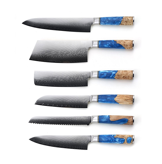 Damascus steel blue resin handle kitchen knives