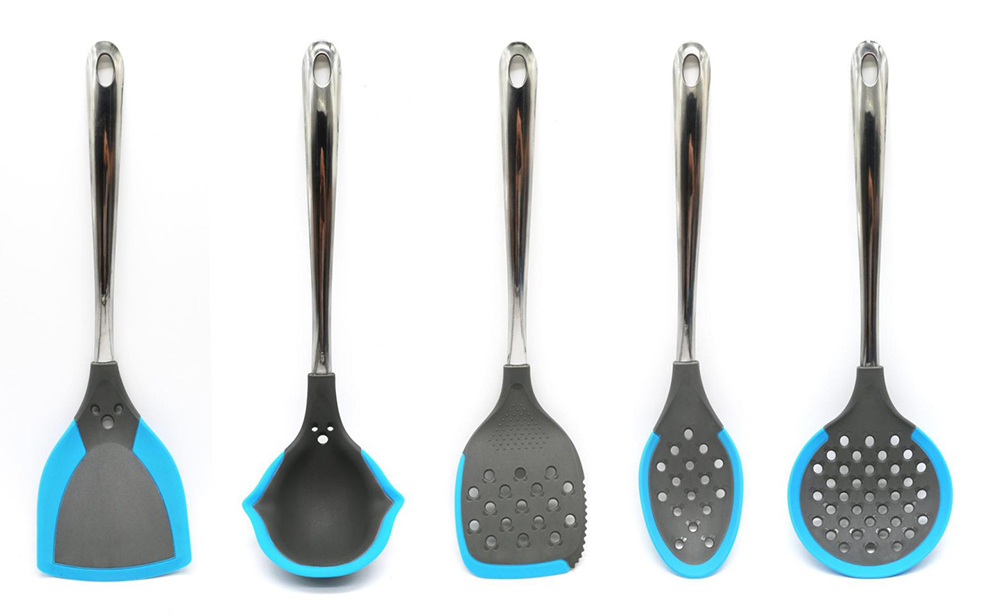 blue silicone and nylon kitchen utensils